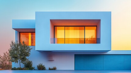 A modern home with bold lines and glowing windows contrasts the serene sky