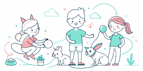 Fun set of children playing with their cats and rabbits, minimalist line art drawing