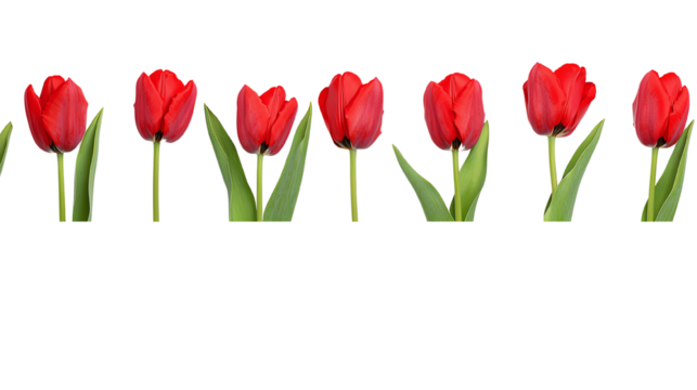 Red Tulip Line: A line of vibrant red tulips arranged in a simple yet elegant row against a pure white backdrop, creating a visually striking and graphic image. - Powered by Adobe