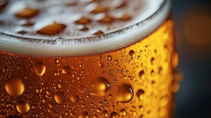 Close-up of a cold beer glass filled with liquid.