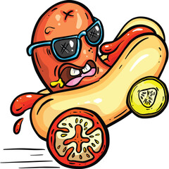 Sausage Hot Dog Weenie in a Bun Car Cartoon Funny Illustration