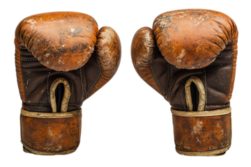 Vintage Boxing Gloves: A pair of well-worn, vintage boxing gloves, showing signs of age and use, rests against a clean background.