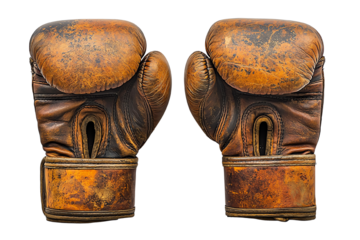 Vintage Boxing Gloves: A worn and weathered pair of vintage boxing gloves, testament to countless rounds and battles fought, sit side by side, capturing the essence of a bygone era. 
