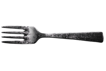 Fork: A metallic fork with a slightly weathered appearance, its tines poised and ready for the culinary adventure. A study in industrial design, ready to serve.