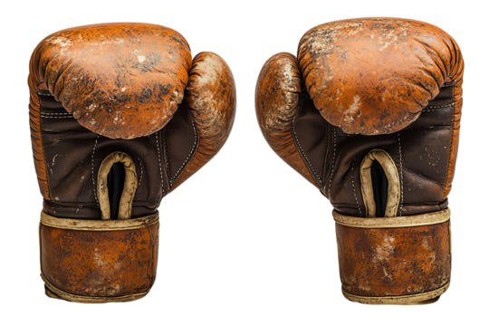 Vintage Boxing Gloves: A pair of well-worn, vintage boxing gloves, showing signs of age and use, rests against a clean background.