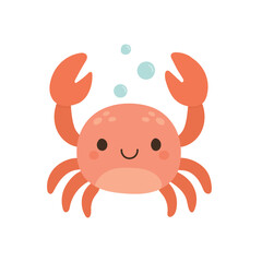 Happy red crab with raised claws and bubbles, ideal for underwater animal illustrations, summer beach designs, and cute sea life projects.