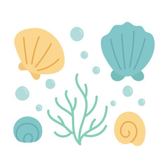 Colorful sea shell and coral set with bubbles, perfect for beach-themed illustrations, ocean life designs, and playful marine decoration elements.