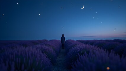 Woman Walking Through Lavender Field Under Starry Night Sky With Crescent Moon, Serene Landscape