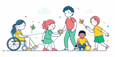 Fototapeta premium Set of disabled kids playing together, minimalist line art.