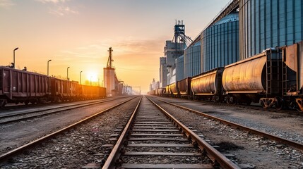 Fototapeta premium Rural railway silo complex at sunrise with empty rail cars highlighting transport bottlenecks under new trade policies