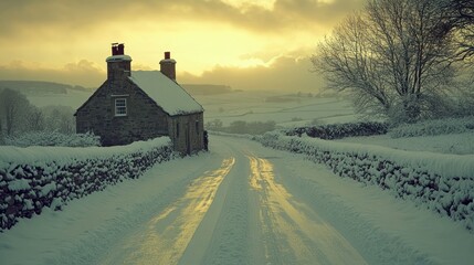 Snow-covered cottage on a country lane at sunset