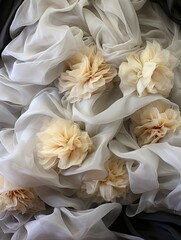 Fototapeta premium A soft arrangement of chiffon fabric with delicate fabric flowers in a gentle color palette artful display