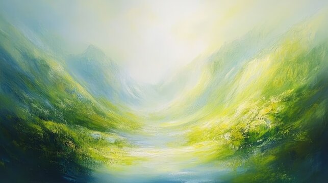 A vibrant landscape painting of a sunlit valley between towering mountains.