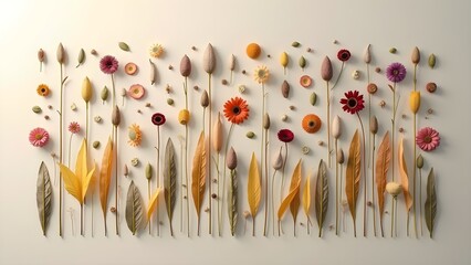 Dried Flowers and Seed Heads Flat Lay Arrangement on Beige Backdrop