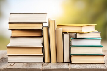 Fototapeta premium Serene Study Scene: Stacked Books on a Wooden Surface Bathed in Soft Natural Light
