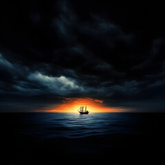 A ship sailing toward the horizon, with no land in sight, under a dark storm cloud.

