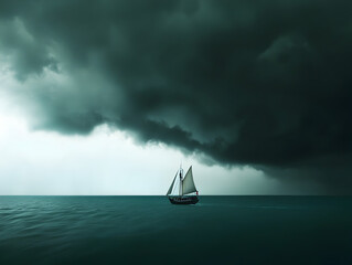 A ship sailing toward the horizon, with no land in sight, under a dark storm cloud.

