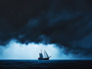 A ship sailing toward the horizon, with no land in sight, under a dark storm cloud.

