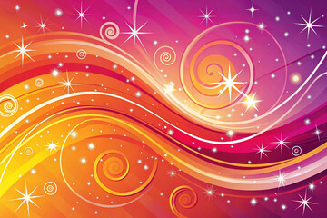 Fototapeta premium Tangerine to magenta gradient with swooping swirl trails and cartoon sparkles