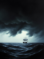 A ship sailing toward the horizon, with no land in sight, under a dark storm cloud.

