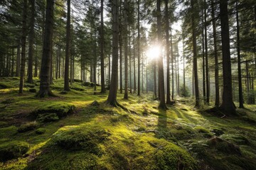 Fototapeta premium Sunlight streams through a mossy forest