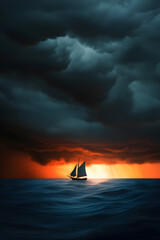 A ship sailing toward the horizon, with no land in sight, under a dark storm cloud.


