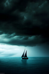 A ship sailing toward the horizon, with no land in sight, under a dark storm cloud.


