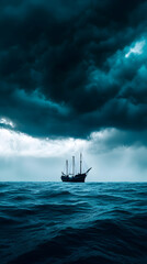 A ship sailing toward the horizon, with no land in sight, under a dark storm cloud.

