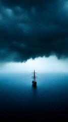 A ship sailing toward the horizon, with no land in sight, under a dark storm cloud.

