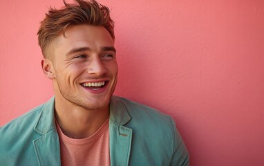 young vogue confident smiling man with short hair, wearing a light solid color blazer, standing against color background