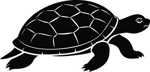 Bold Black and White Vector of a Stylized Walking Turtle with Hexagonal Shell
