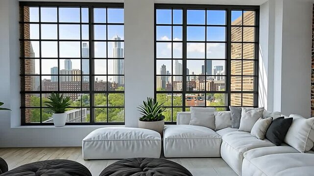 Modern interior with cityscape view, brick accents, stylish seating, and natural light