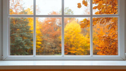 A white bright window close-up with a fall landscape view