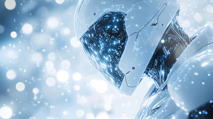 A futuristic robot with a transparent visor against a glowing background