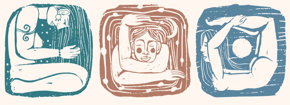 Abstract female with long straight hair, art, ink grunge printmaking, carve texture, aesthetics illustration set of human in square shape