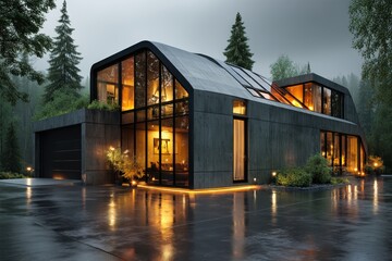 Fototapeta premium Modern house in a wooded area at dusk, lights casting warm glow
