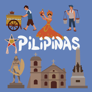 Filipino Traditions Vector Collection - Street Vendors, Festivals, and Historic Landmarks - Sorbetes Cart, Taho Vendor, Sinulog Dancer, Lapu-Lapu Statue, Old Church