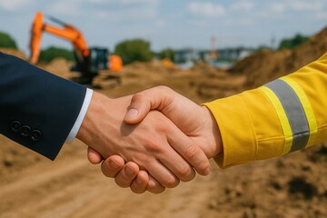 Businessman and construction worker shaking hands at construction site