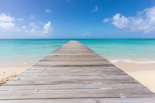 A serene wooden boardwalk stretching towards a tranquil turquoise ocean under a vibrant summer sky, showcasing the calm beauty of a tropical paradise.