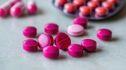 Vibrant pink tablets scattered on surface, with blister pack in background, suggesting medication use