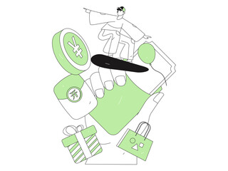 Holiday shopping people doing e-commerce online shopping flat vector concept operation hand drawn illustration
