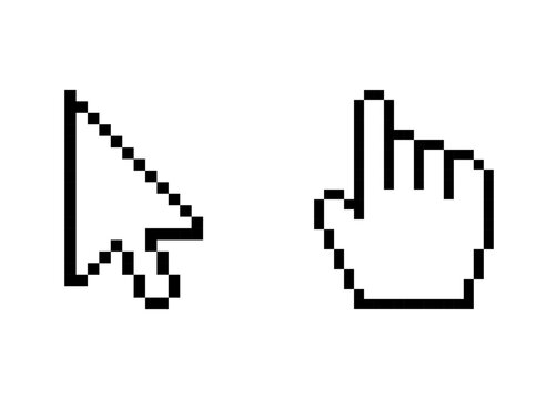 Pixelated mouse pointer and hand cursor icons, pixel art, Pixelated hand cursor, Pixelated Computer Cursors, cursor icons for games.	
