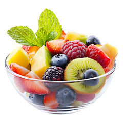 Mixed fruit salad in bowl isolated on transparent background.