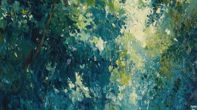 A vibrant abstract painting of a sun-drenched forest canopy.