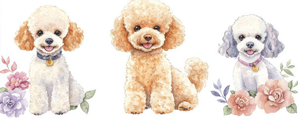 Adorable watercolor poodles with flowers, cheerful and cute