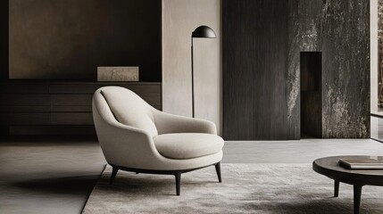 Sleek, beige armchair in a modern living room.
