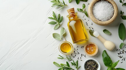 Fresh herbs, oils, and spices arranged on a white surface.
