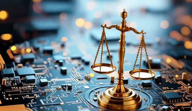 Golden Digital Scale of Justice on Futuristic Circuit Board &ndash; Law and Technology Concept