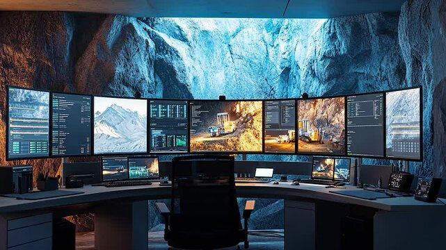 High-tech control room overseeing mining operations in a cave