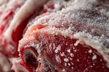 Obraz premium Extreme close-up of a frozen raw lamb leg, delicate frost